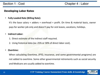 Section 1 : Cost Chapter 4 : Labor
Developing Labor Rates
• Fully Loaded Rate (Billing Rate):
It’s the base salary + adder...