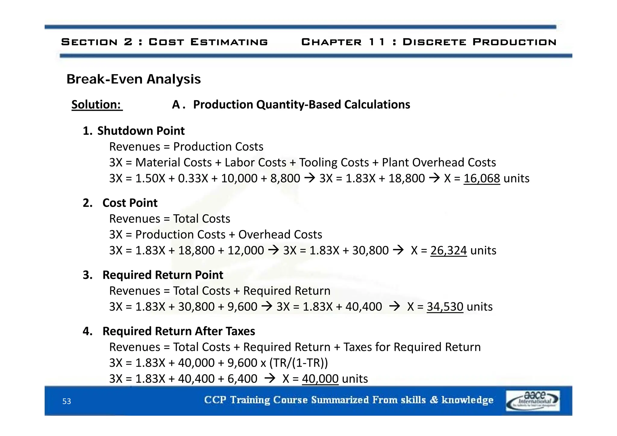 Section 2 : Cost Estimating Chapter 11 : Discrete Production
Break-Even Analysis
Solution: A . Production Quantity‐Based Calculations
1. Shutdown Point
Revenues = Production Costs
3X = Material Costs + Labor Costs + Tooling Costs + Plant Overhead Costs
g
3X = 1.50X + 0.33X + 10,000 + 8,800  3X = 1.83X + 18,800  X = 16,068 units
2. Cost Point
Revenues = Total Costs
Revenues = Total Costs
3X = Production Costs + Overhead Costs
3X = 1.83X + 18,800 + 12,000  3X = 1.83X + 30,800  X = 26,324 units
3. Required Return Point
Revenues = Total Costs + Required Return
3X = 1.83X + 30,800 + 9,600  3X = 1.83X + 40,400  X = 34,530 units
4. Required Return After Taxes
Revenues = Total Costs + Required Return + Taxes for Required Return
3X = 1.83X + 40,000 + 9,600 x (TR/(1‐TR))
3X 1.83X 40,000 9,600 x (TR/(1 TR))
3X = 1.83X + 40,400 + 6,400  X = 40,000 units
53
 