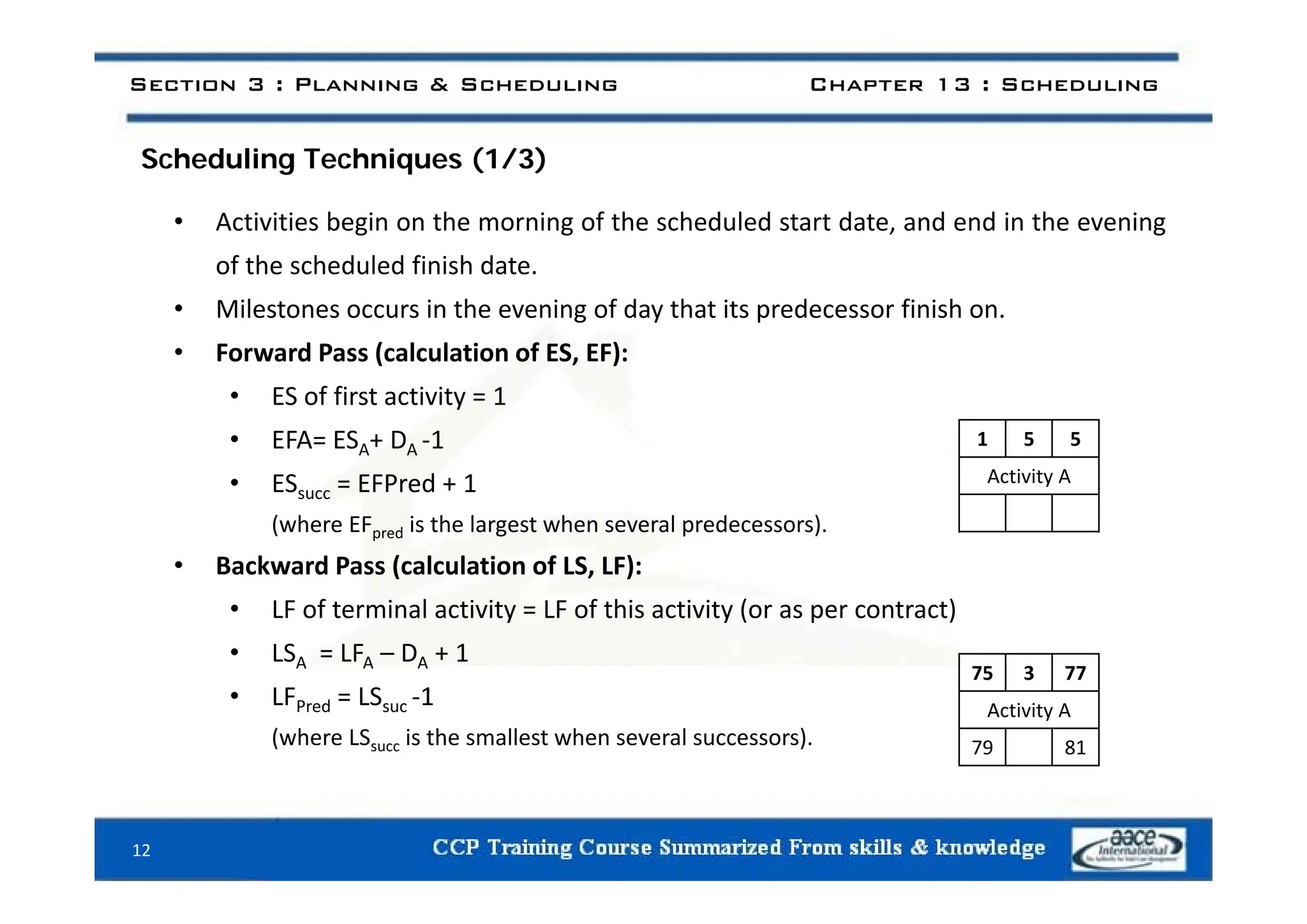 h d li h i ( / )
Section 3 : Planning & Scheduling Chapter 13 : Scheduling
Scheduling Techniques (1/3)
• Activities begin on the morning of the scheduled start date, and end in the evening
of the scheduled finish date.
• Milestones occurs in the evening of day that its predecessor finish on.
• Forward Pass (calculation of ES EF):
Forward Pass (calculation of ES, EF):
• ES of first activity = 1
• EFA= ESA+ DA ‐1 1 5 5
• ESsucc = EFPred + 1
(where EFpred is the largest when several predecessors).
• Backward Pass (calculation of LS LF):
Activity A
• Backward Pass (calculation of LS, LF):
• LF of terminal activity = LF of this activity (or as per contract)
• LSA = LFA – DA + 1
75 3 77
• LFPred = LSsuc ‐1
(where LSsucc is the smallest when several successors).
75 3 77
Activity A
79 81
12
 