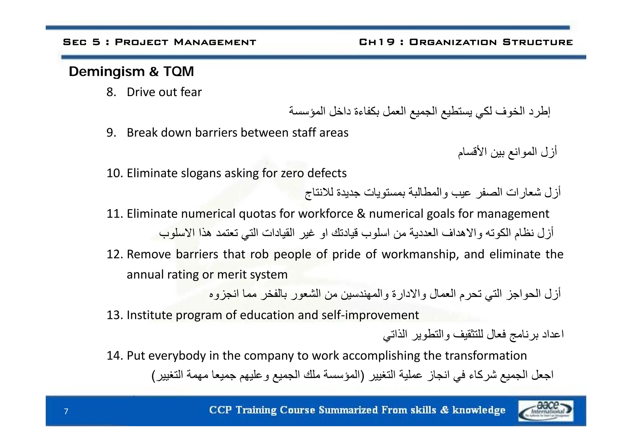 Demingism & TQM
Sec 5 : Project Management Ch19 : Organization Structure
Demingism & TQM
8. Drive out fear
‫إطرد‬
‫الخوف‬
‫لكي‬
‫يستطيع‬
‫الجميع‬
‫العمل‬
‫بكفاءة‬
‫داخل‬
‫المؤسسة‬
9. Break down barriers between staff areas
‫أزل‬
‫الموانع‬
‫بين‬
‫األقسام‬
10 Eliminate slogans asking for zero defects
10. Eliminate slogans asking for zero defects
‫أزل‬
‫شعارات‬
‫الصفر‬
‫عيب‬
‫والمطالبة‬
‫بمستويات‬
‫جديدة‬
‫لالنتاج‬
11. Eliminate numerical quotas for workforce & numerical goals for management
‫أزل‬
‫نظام‬
‫الكوته‬
‫واالھداف‬
‫العددية‬
‫من‬
‫اسلوب‬
‫قيادتك‬
‫او‬
‫غير‬
‫القيادات‬
‫التي‬
‫تعتمد‬
‫ھذا‬
‫االسلوب‬
12. Remove barriers that rob people of pride of workmanship, and eliminate the
annual rating or merit system
annual rating or merit system
‫أزل‬
‫الحواجز‬
‫التي‬
‫تحرم‬
‫العمال‬
‫واالدارة‬
‫والمھندسين‬
‫من‬
‫الشعور‬
‫بالفخر‬
‫مما‬
‫انجزوه‬
13. Institute program of education and self‐improvement
‫اعداد‬
‫برنامج‬
‫فعال‬
‫للتثقيف‬
‫والتطوير‬
‫الذاتي‬
14. Put everybody in the company to work accomplishing the transformation
‫اجعل‬
‫الجميع‬
‫شركاء‬
‫ف‬
‫انجاز‬
‫عملية‬
‫التغيير‬
)
‫المؤسسة‬
‫ملك‬
‫الجميع‬
‫وعليھم‬
‫جميعا‬
‫مھمة‬
‫التغيير‬
( ‫اجعل‬
‫الجميع‬
‫شركاء‬
‫في‬
‫انجاز‬
‫عملية‬
‫التغيير‬
)
‫المؤسسة‬
‫ملك‬
‫الجميع‬
‫وعليھم‬
‫جميعا‬
‫مھمة‬
‫التغيير‬
(
7
 