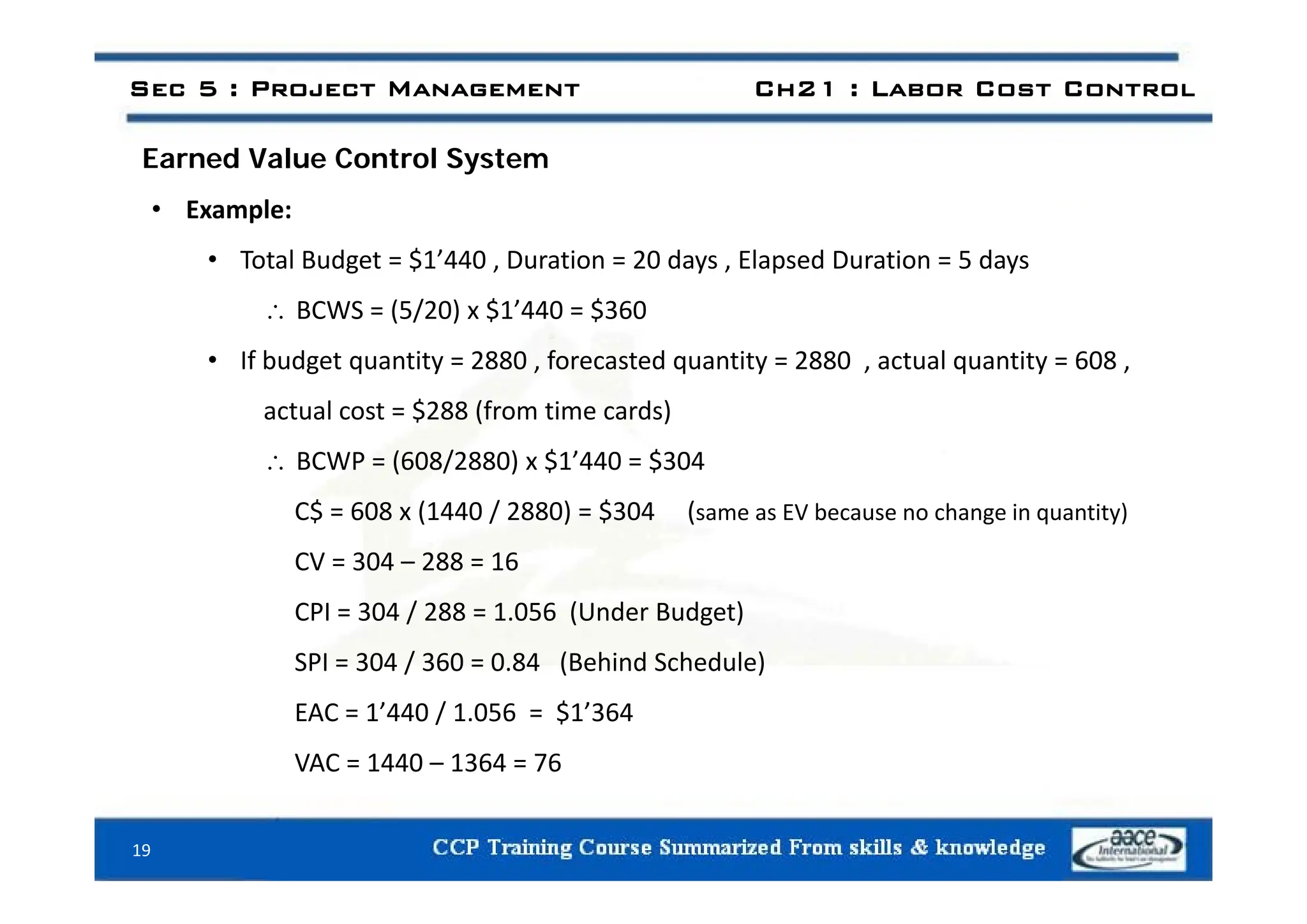 d l C l S
Sec 5 : Project Management Ch21 : Labor Cost Control
Earned Value Control System
• Example:
T t l B d t $1’440 D ti 20 d El d D ti 5 d
• Total Budget = $1’440 , Duration = 20 days , Elapsed Duration = 5 days
 BCWS = (5/20) x $1’440 = $360
• If budget quantity 2880 forecasted quantity 2880 actual quantity 608
• If budget quantity = 2880 , forecasted quantity = 2880 , actual quantity = 608 ,
actual cost = $288 (from time cards)
 BCWP = (608/2880) x $1’440 = $304
 BCWP = (608/2880) x $1 440 = $304
C$ = 608 x (1440 / 2880) = $304 (same as EV because no change in quantity)
CV = 304 – 288 = 16
CV 304 288 16
CPI = 304 / 288 = 1.056 (Under Budget)
SPI = 304 / 360 = 0.84 (Behind Schedule)
/ ( )
EAC = 1’440 / 1.056 = $1’364
VAC = 1440 – 1364 = 76
19
 
