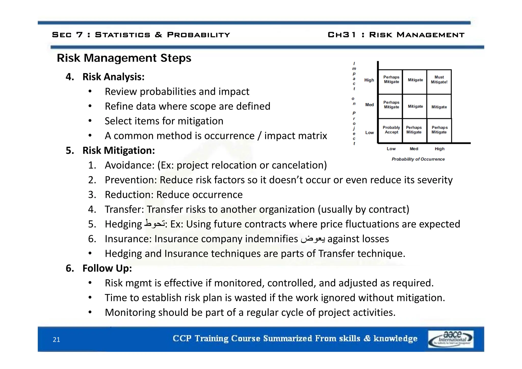 Risk Management Steps
Sec 7 : Statistics & Probability Ch31 : Risk Management
Risk Management Steps
4. Risk Analysis:
• Review probabilities and impact
• Refine data where scope are defined
• Select items for mitigation
• A common method is occurrence / impact matrix
5. Risk Mitigation:
1. Avoidance: (Ex: project relocation or cancelation)
2. Prevention: Reduce risk factors so it doesn’t occur or even reduce its severity
y
3. Reduction: Reduce occurrence
4. Transfer: Transfer risks to another organization (usually by contract)
5. Hedging ‫تحوط‬: Ex: Using future contracts where price fluctuations are expected
5. Hedging ‫و‬ : Ex: Using future contracts where price fluctuations are expected
6. Insurance: Insurance company indemnifies ‫يعوض‬ against losses
• Hedging and Insurance techniques are parts of Transfer technique.
6 Follow Up:
6. Follow Up:
• Risk mgmt is effective if monitored, controlled, and adjusted as required.
• Time to establish risk plan is wasted if the work ignored without mitigation.
M it i h ld b t f l l f j t ti iti
• Monitoring should be part of a regular cycle of project activities.
21
 