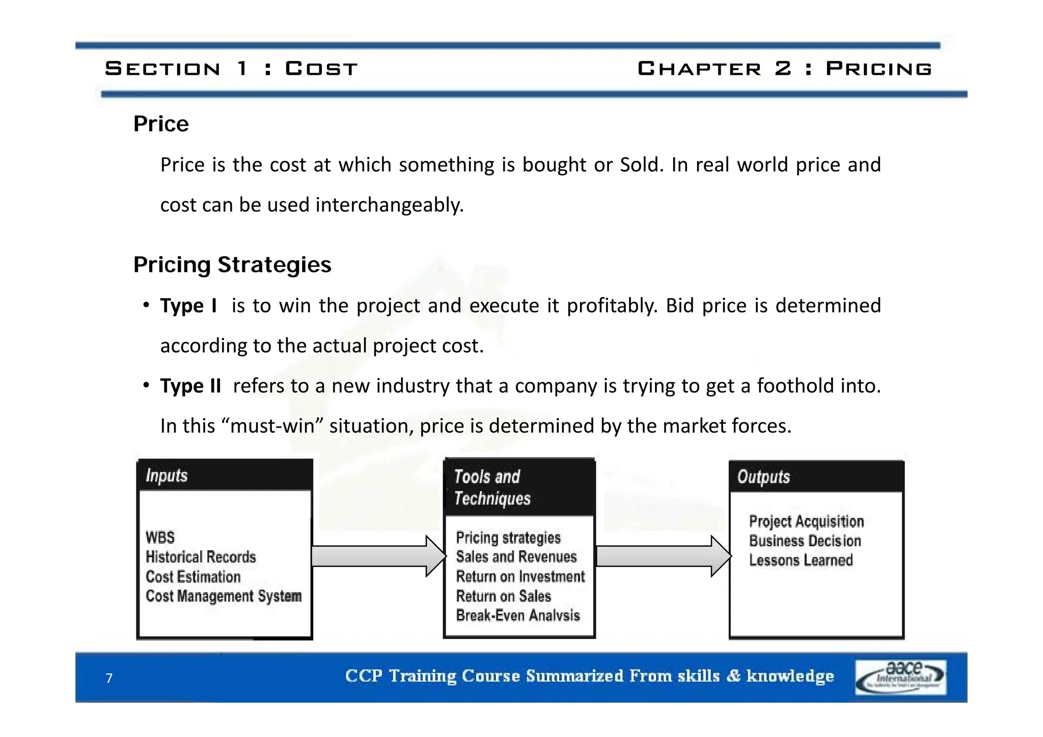 Section 1 : Cost Chapter 2 : Pricing
P i
Price
Price is the cost at which something is bought or Sold. In real world price and
cost can be used interchangeably
cost can be used interchangeably.
Pricing Strategies
• Type I is to win the project and execute it profitably. Bid price is determined
according to the actual project cost.
• Type II refers to a new industry that a company is trying to get a foothold into.
In this “must‐win” situation, price is determined by the market forces.
7
 