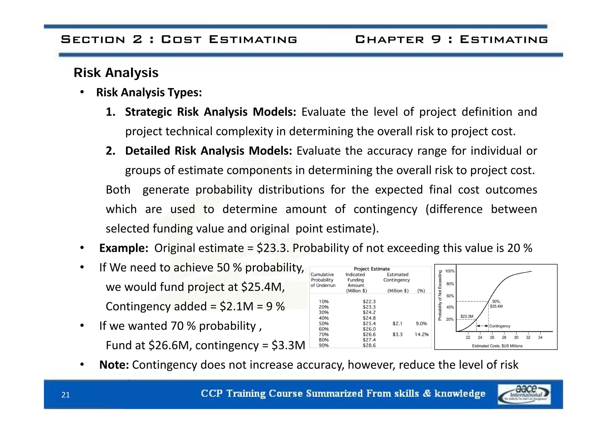 Ri k A l i
Section 2 : Cost Estimating Chapter 9 : Estimating
Risk Analysis
• Risk Analysis Types:
1. Strategic Risk Analysis Models: Evaluate the level of project definition and
g y p j
project technical complexity in determining the overall risk to project cost.
2. Detailed Risk Analysis Models: Evaluate the accuracy range for individual or
f i i d i i h ll i k j
groups of estimate components in determining the overall risk to project cost.
Both generate probability distributions for the expected final cost outcomes
which are used to determine amount of contingency (difference between
g y (
selected funding value and original point estimate).
• Example: Original estimate = $23.3. Probability of not exceeding this value is 20 %
f d hi % b bili
• If We need to achieve 50 % probability,
we would fund project at $25.4M,
Contingency added = $2.1M = 9 %
g y $
• If we wanted 70 % probability ,
Fund at $26.6M, contingency = $3.3M
i d i h d h l l f i k
• Note: Contingency does not increase accuracy, however, reduce the level of risk
21
 