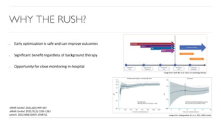 WHY THE RUSH?
Early optimization is safe and can improve outcomes
Significant benefit regardless of background therapy
Opportunity for close monitoring in-hospital
Lancet. 2022;400(10367):1938-52.
Image from: Dixit NM, et al. 2022; US Cardiology Review.
Image from: Vaduganathan M, et al. 2022; JAMA Cardiol.
JAMA Cardiol. 2022;7(12):1259-1263
JAMA Cardiol. 2021;6(5):499-507.
 