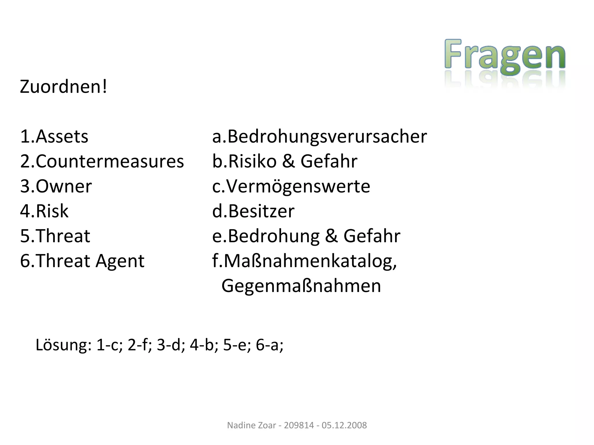 Zuordnen! 1.Assets   a.Bedrohungsverursacher 2.Countermeasures   b.Risiko & Gefahr 3.Owner   c.Vermögenswerte 4.Risk   d.Besitzer 5.Threat   e.Bedrohung & Gefahr 6.Threat Agent   f.Maßnahmenkatalog,   Gegenmaßnahmen Nadine Zoar - 209814 - 05.12.2008 Lösung: 1-c; 2-f; 3-d; 4-b; 5-e; 6-a; 