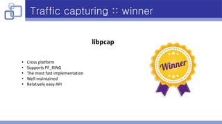 Traffic capturing :: winner
libpcap
• Cross platform
• Supports PF_RING
• The most fast implementation
• Well maintained
• Relatively easy API
 