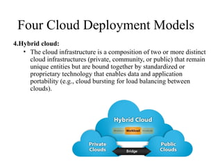 Four Cloud Deployment Models
4.Hybrid cloud:
• The cloud infrastructure is a composition of two or more distinct
cloud infrastructures (private, community, or public) that remain
unique entities but are bound together by standardized or
proprietary technology that enables data and application
portability (e.g., cloud bursting for load balancing between
clouds).
 