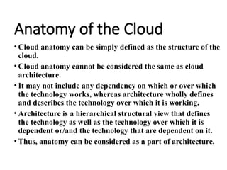 Anatomy of the Cloud
• Cloud anatomy can be simply defined as the structure of the
cloud.
• Cloud anatomy cannot be considered the same as cloud
architecture.
• It may not include any dependency on which or over which
the technology works, whereas architecture wholly defines
and describes the technology over which it is working.
• Architecture is a hierarchical structural view that defines
the technology as well as the technology over which it is
dependent or/and the technology that are dependent on it.
• Thus, anatomy can be considered as a part of architecture.
 