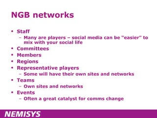 NGB networks Staff Many are players – social media can be “easier” to mix with your social life Committees Members Regions Representative players Some will have their own sites and networks Teams Own sites and networks Events Often a great catalyst for comms change 