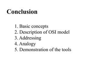 Conclusion1. Basic concepts2. Description of OSI model3. Addressing4. Analogy5. Demonstration of the tools