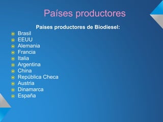 Países productores
Países productores de Biodiesel:
⦿ Brasil
⦿ EEUU
⦿ Alemania
⦿ Francia
⦿ Italia
⦿ Argentina
⦿ China
⦿ República Checa
⦿ Austria
⦿ Dinamarca
⦿ España
 
