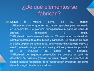 ¿De qué elementos se
fabrican?
⦿ Según la materia prima en su origen:
1.-Bioetanol: alcohol que se mezcla con gasolina para ser usado
en automóviles. Se produce principalmente a partir de caña de
azúcar, remolacha y maíz.
2.-Biodiésel: puede usarse hasta un 5% mezclado con diesel sin
cambiar motores de autos, buses y camiones. Se produce en base
al aceite vegetal de palma, raps, soja y maravilla, sea éste nuevo o
usado, además de grasas animales y ácidos grasos subproducto
de la industria de aceite de pescado.
3.-Biodiésel de segunda generación: se produce a partir de
desechos de bosques (ramas, cortezas, chips), de desechos de
ciudad (basura reciclable), de la construcción (madera), así como
desechos agrícolas (frutas y tallos).
 