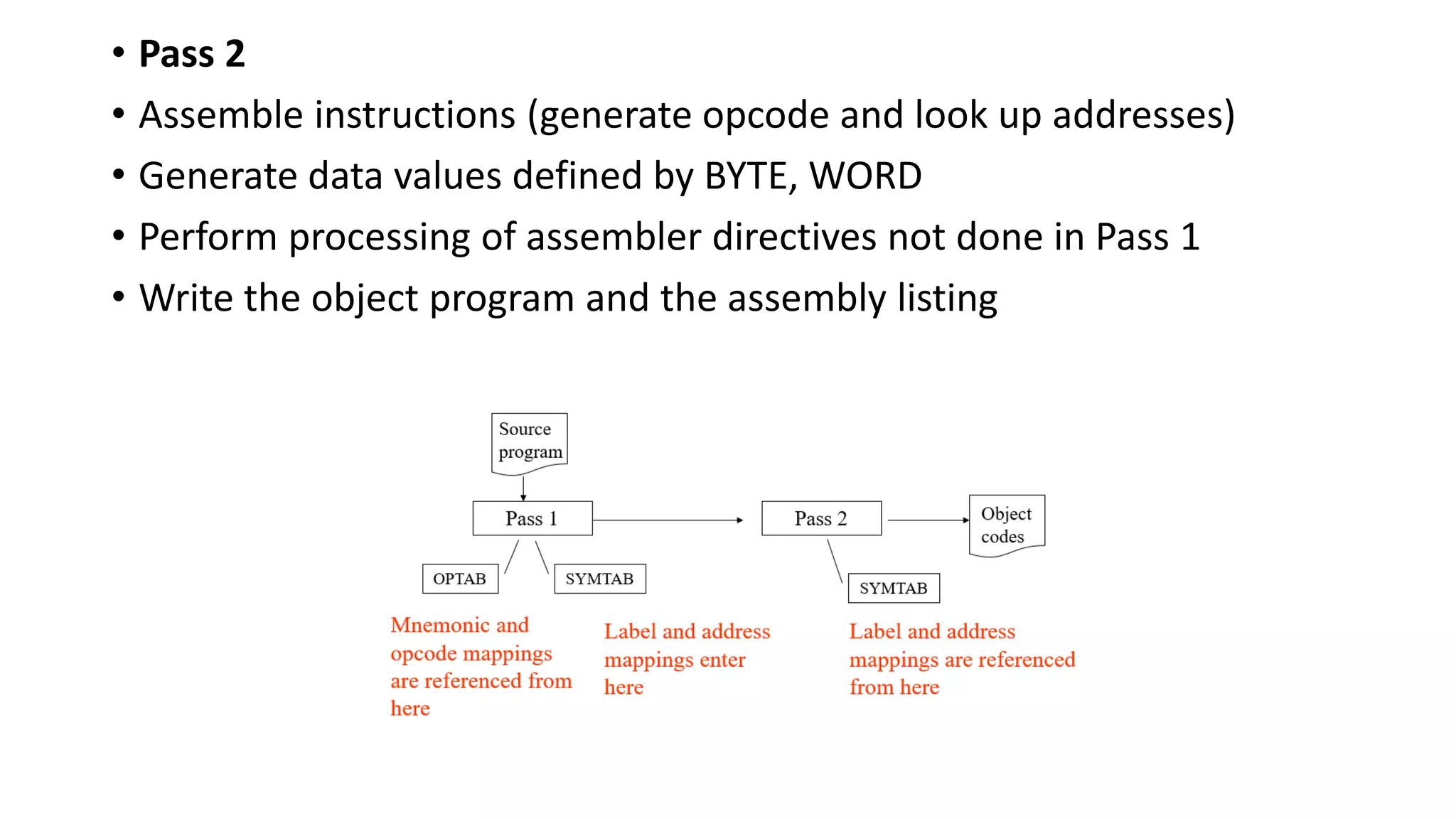 • Pass 2
• Assemble instructions (generate opcode and look up addresses)
• Generate data values defined by BYTE, WORD
• Perform processing of assembler directives not done in Pass 1
• Write the object program and the assembly listing
 
