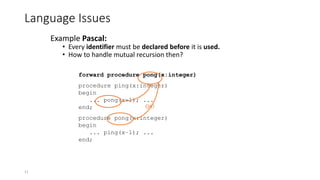 11
Language Issues
Example Pascal:
• Every identifier must be declared before it is used.
• How to handle mutual recursion then?
forward procedure pong(x:integer)
procedure ping(x:integer)
begin
... pong(x-1); ...
end;
procedure pong(x:integer)
begin
... ping(x–1); ...
end;
OK!
 