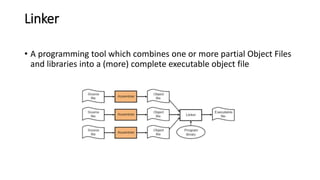 Linker
• A programming tool which combines one or more partial Object Files
and libraries into a (more) complete executable object file
 