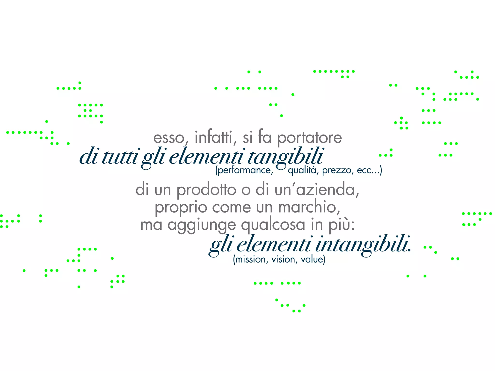 esso, infatti, si fa portatore
di tutti gli elementi tangibili
          di tutti gli elementi tangibili
                     (performance,   qualità, prezzo, ecc...)

        di un prodotto o di un’azienda,
           proprio come un marchio,
        ma aggiunge qualcosa in più:
                    gli(mission, vision, value)
                        elementi intangibili.
 