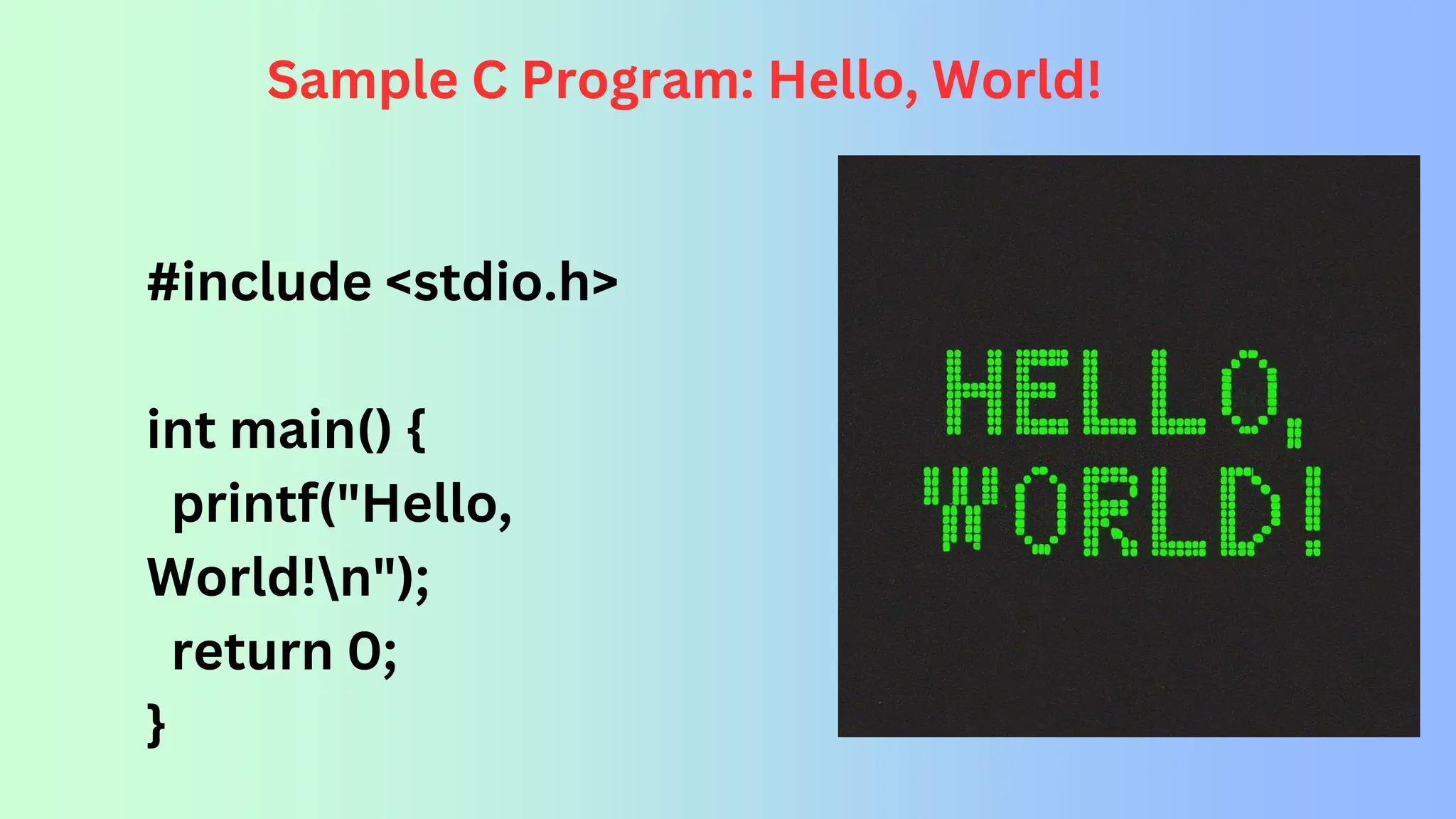 Sample C Program: Hello, World! #include <stdio.h> int main() { printf("Hello, World!n"); return 0; } 
