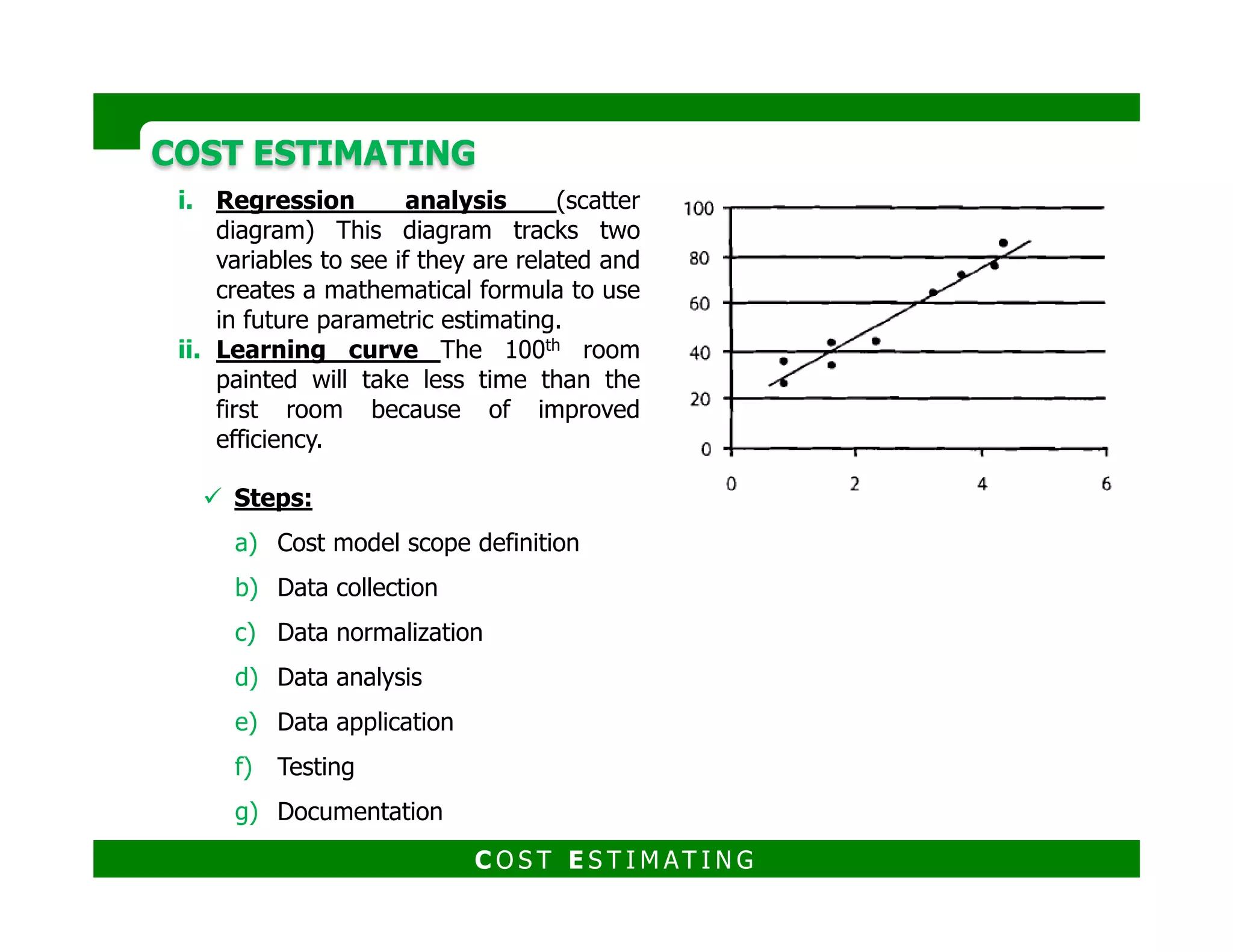 COST ESTIMATINGCOST ESTIMATING
a) Cost model scope definition
Definition of the end use of the model
The physical characteristics of the model
Cost basis
Critical components and cost drivers
Acceptable accuracy rangeAcceptable accuracy range
b) Data Collection
The quality of the resulting model can be no better than the quality of the
data it is based upon.
It is better to use your company data as it represents your company
engineering practices and technology.
C O S T E S T I M AT I N G
 