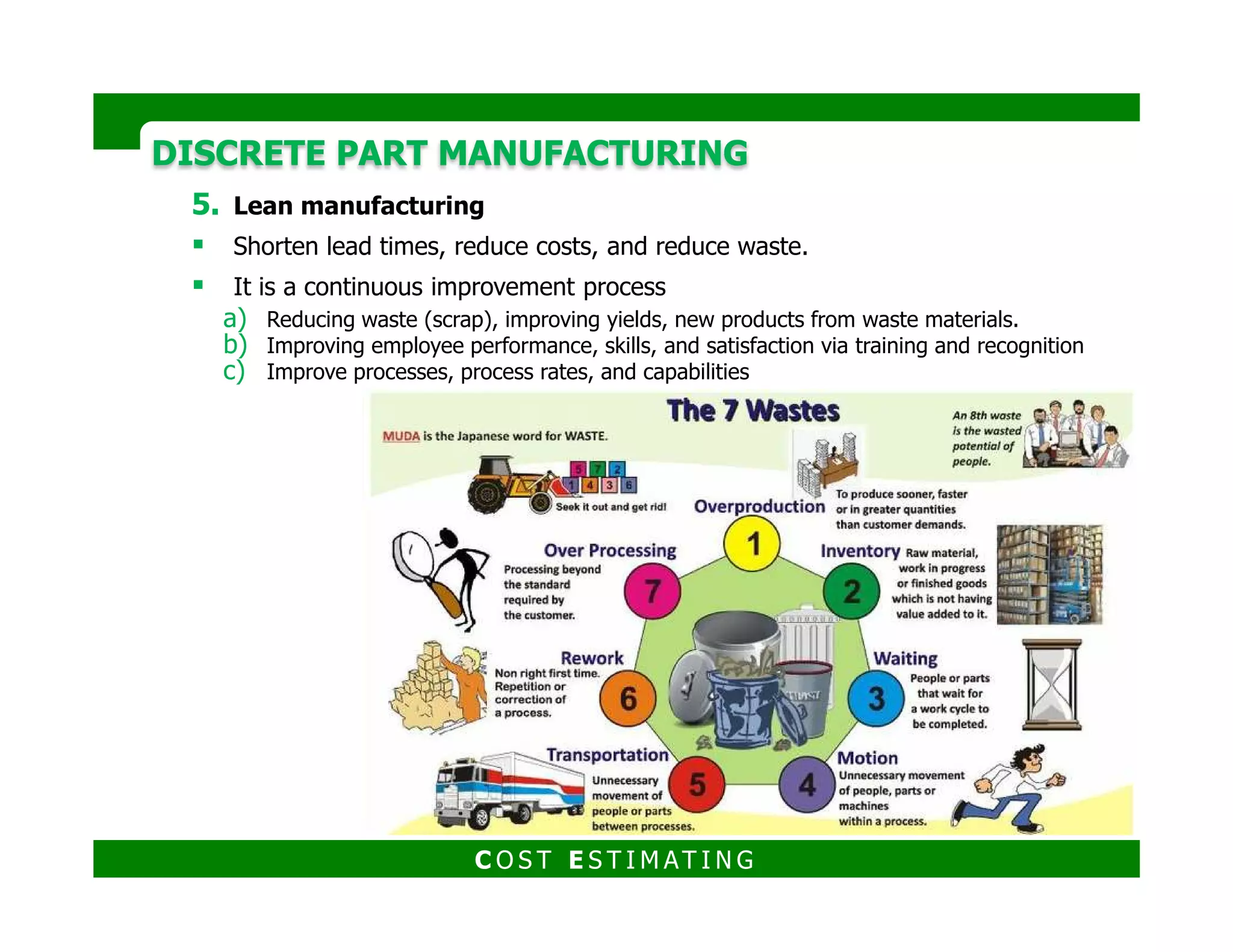 DISCRETE PART MANUFACTURINGDISCRETE PART MANUFACTURING
6. Materials Requirements Planning
Keeping complete records of inventories of materials, supplies, parts in various
stages of production, scheduling of production, purchasing of parts, and orders
and delivery dates for customers and from suppliers.
C O S T E S T I M AT I N G
 
