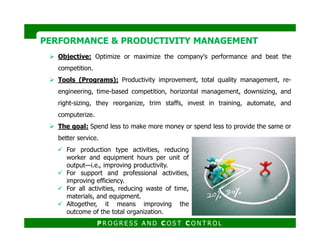 Objective: Optimize or maximize the company's performance and beat the
competition.
Tools (Programs): Productivity improvement, total quality management, re-
engineering, time-based competition, horizontal management, downsizing, and
right-sizing, they reorganize, trim staffs, invest in training, automate, and
computerize.
The goal: Spend less to make more money or spend less to provide the same or
PERFORMANCE & PRODUCTIVITY MANAGEMENTPERFORMANCE & PRODUCTIVITY MANAGEMENT
The goal: Spend less to make more money or spend less to provide the same or
better service.
P R O G R E S S A N D C O S T C O N T R O L
For production type activities, reducing
worker and equipment hours per unit of
output—i.e., improving productivity.
For support and professional activities,
improving efficiency.
For all activities, reducing waste of time,
materials, and equipment.
Altogether, it means improving the
outcome of the total organization.
 