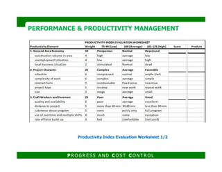 PERFORMANCE & PRODUCTIVITY MANAGEMENTPERFORMANCE & PRODUCTIVITY MANAGEMENT
P R O G R E S S A N D C O S T C O N T R O L
Productivity Index Evaluation Worksheet 1/2
 