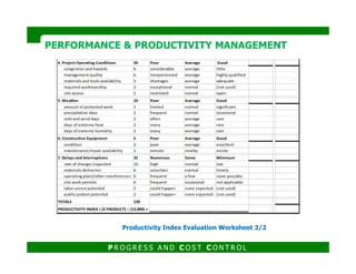PERFORMANCE & PRODUCTIVITY MANAGEMENTPERFORMANCE & PRODUCTIVITY MANAGEMENT
P R O G R E S S A N D C O S T C O N T R O L
Productivity Index Evaluation Worksheet 2/2
 