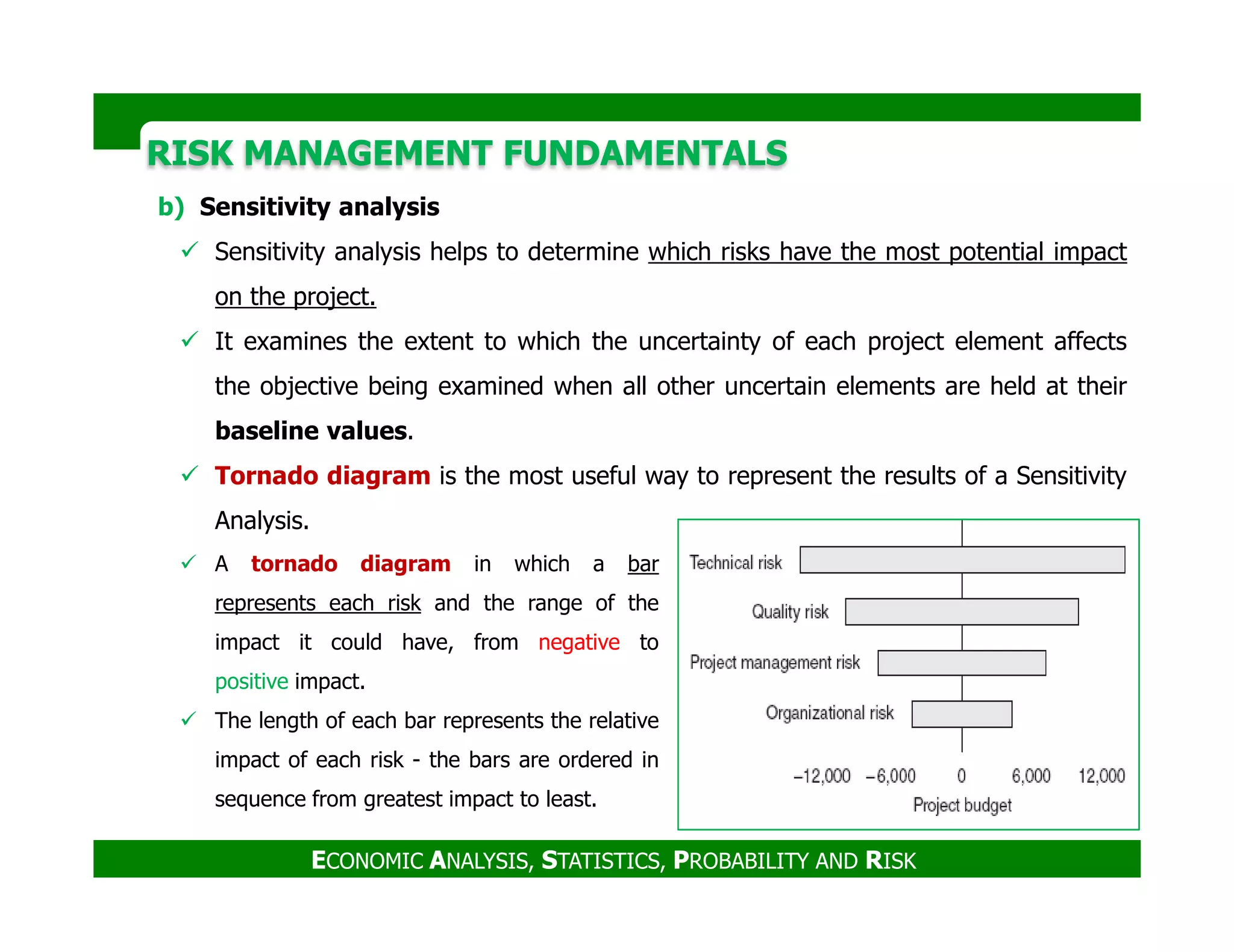 RISK MANAGEMENT FUNDAMENTALSRISK MANAGEMENT FUNDAMENTALS
b) Sensitivity analysis
Sensitivity analysis helps to determine which risks have the most potential impact
on the project.
It examines the extent to which the uncertainty of each project element affects
the objective being examined when all other uncertain elements are held at their
baseline values.
Tornado diagram is the most useful way to represent the results of a Sensitivity
ECONOMIC ANALYSIS, STATISTICS, PROBABILITY AND RISK
Tornado diagram is the most useful way to represent the results of a Sensitivity
Analysis.
A tornado diagram in which a bar
represents each risk and the range of the
impact it could have, from negative to
positive impact.
The length of each bar represents the relative
impact of each risk - the bars are ordered in
sequence from greatest impact to least.
 