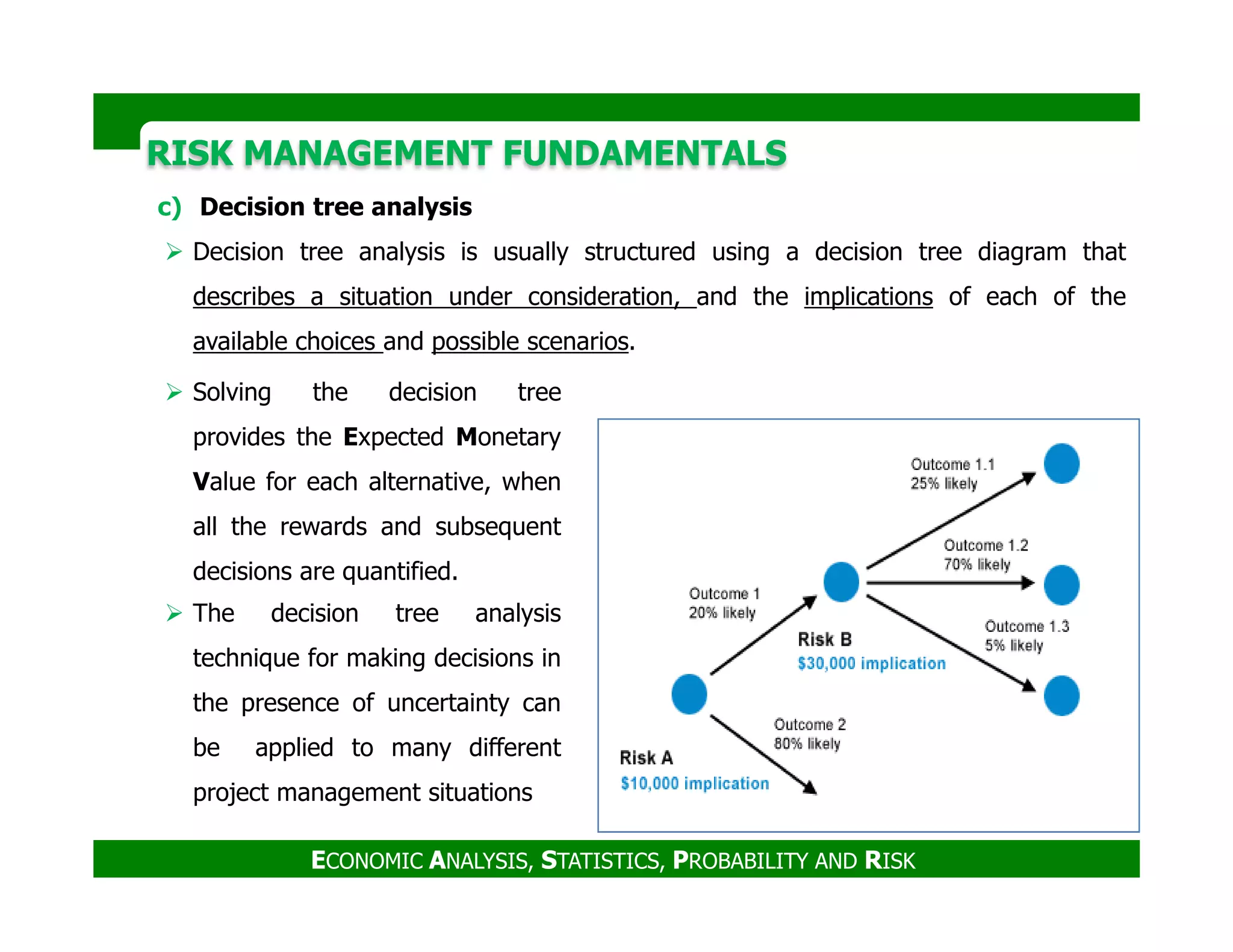 RISK MANAGEMENT FUNDAMENTALSRISK MANAGEMENT FUNDAMENTALS
c) Decision tree analysis
Decision tree analysis is usually structured using a decision tree diagram that
describes a situation under consideration, and the implications of each of the
available choices and possible scenarios.
Solving the decision tree
provides the Expected Monetary
Value for each alternative, when
ECONOMIC ANALYSIS, STATISTICS, PROBABILITY AND RISK
Value for each alternative, when
all the rewards and subsequent
decisions are quantified.
The decision tree analysis
technique for making decisions in
the presence of uncertainty can
be applied to many different
project management situations
 
