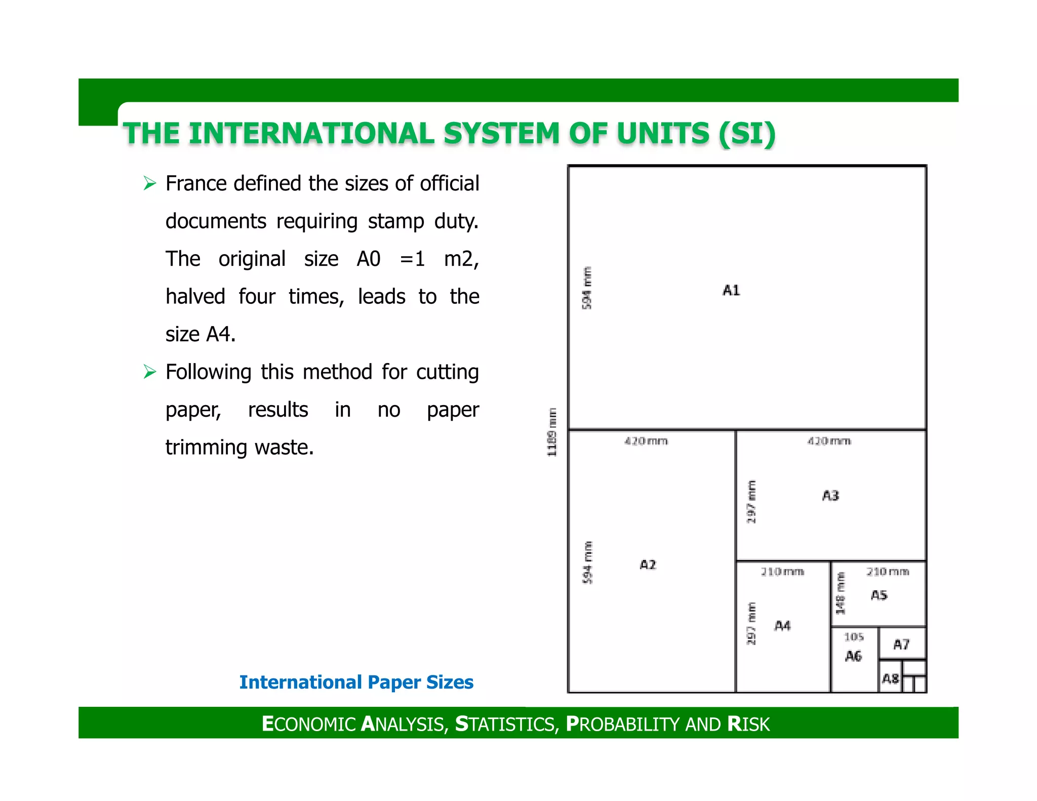 THE INTERNATIONAL SYSTEM OF UNITS (SI)THE INTERNATIONAL SYSTEM OF UNITS (SI)
France defined the sizes of official
documents requiring stamp duty.
The original size A0 =1 m2,
halved four times, leads to the
size A4.
Following this method for cutting
paper, results in no paper
ECONOMIC ANALYSIS, STATISTICS, PROBABILITY AND RISK
International Paper Sizes
paper, results in no paper
trimming waste.
 