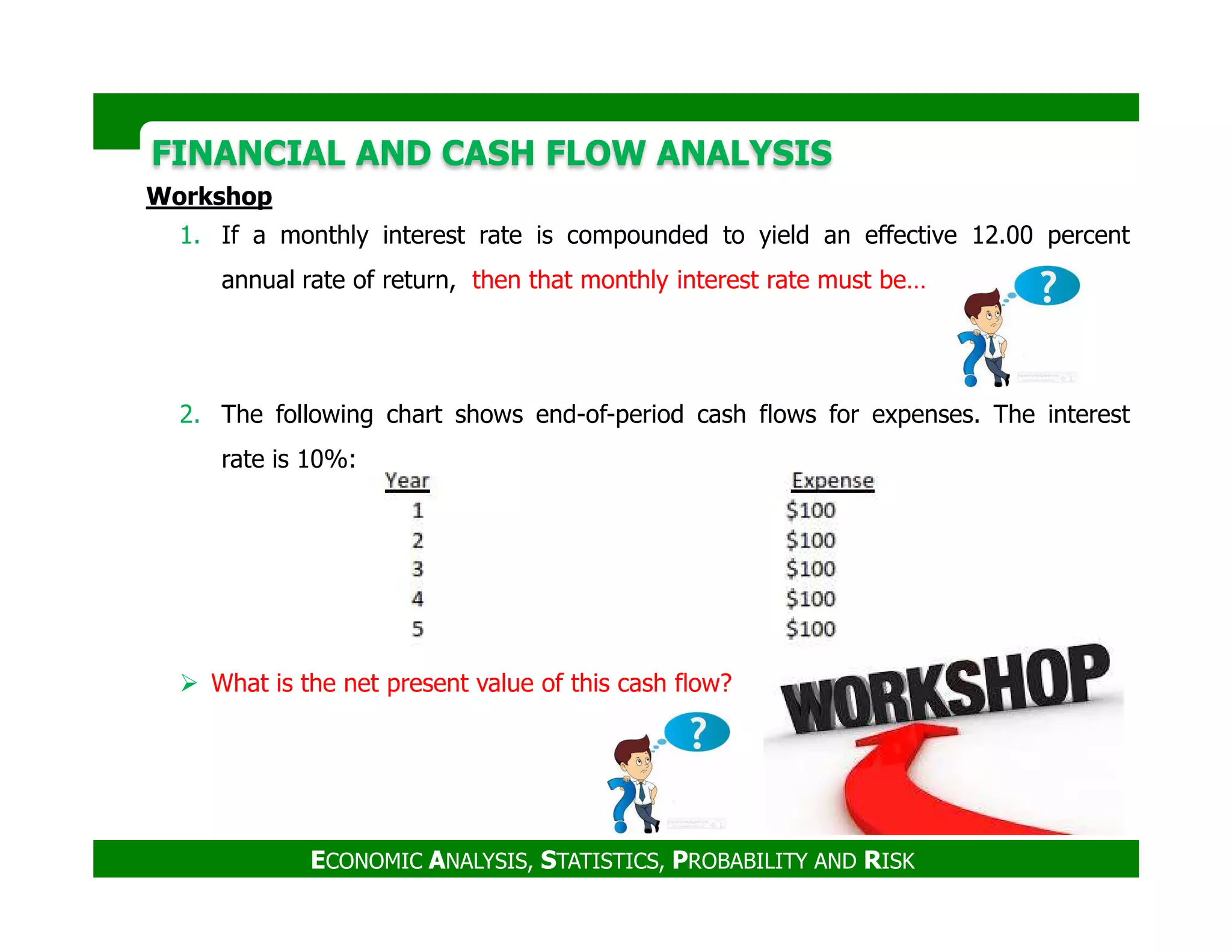 FINANCIAL AND CASH FLOW ANALYSISFINANCIAL AND CASH FLOW ANALYSIS
Workshop
1. If a monthly interest rate is compounded to yield an effective 12.00 percent
annual rate of return, then that monthly interest rate must be…
2. The following chart shows end-of-period cash flows for expenses. The interest
rate is 10%:
ECONOMIC ANALYSIS, STATISTICS, PROBABILITY AND RISK
What is the net present value of this cash flow?
 