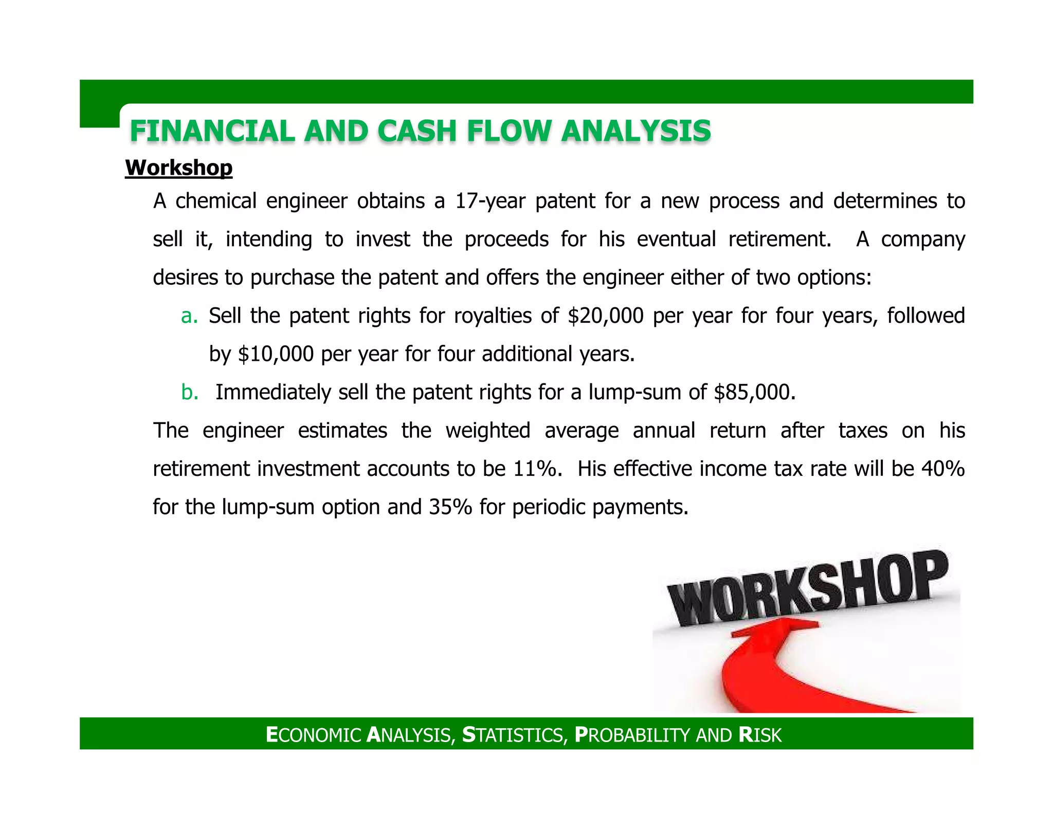 FINANCIAL AND CASH FLOW ANALYSISFINANCIAL AND CASH FLOW ANALYSIS
Workshop
A chemical engineer obtains a 17-year patent for a new process and determines to
sell it, intending to invest the proceeds for his eventual retirement. A company
desires to purchase the patent and offers the engineer either of two options:
a. Sell the patent rights for royalties of $20,000 per year for four years, followed
by $10,000 per year for four additional years.
b. Immediately sell the patent rights for a lump-sum of $85,000.
ECONOMIC ANALYSIS, STATISTICS, PROBABILITY AND RISK
The engineer estimates the weighted average annual return after taxes on his
retirement investment accounts to be 11%. His effective income tax rate will be 40%
for the lump-sum option and 35% for periodic payments.
 