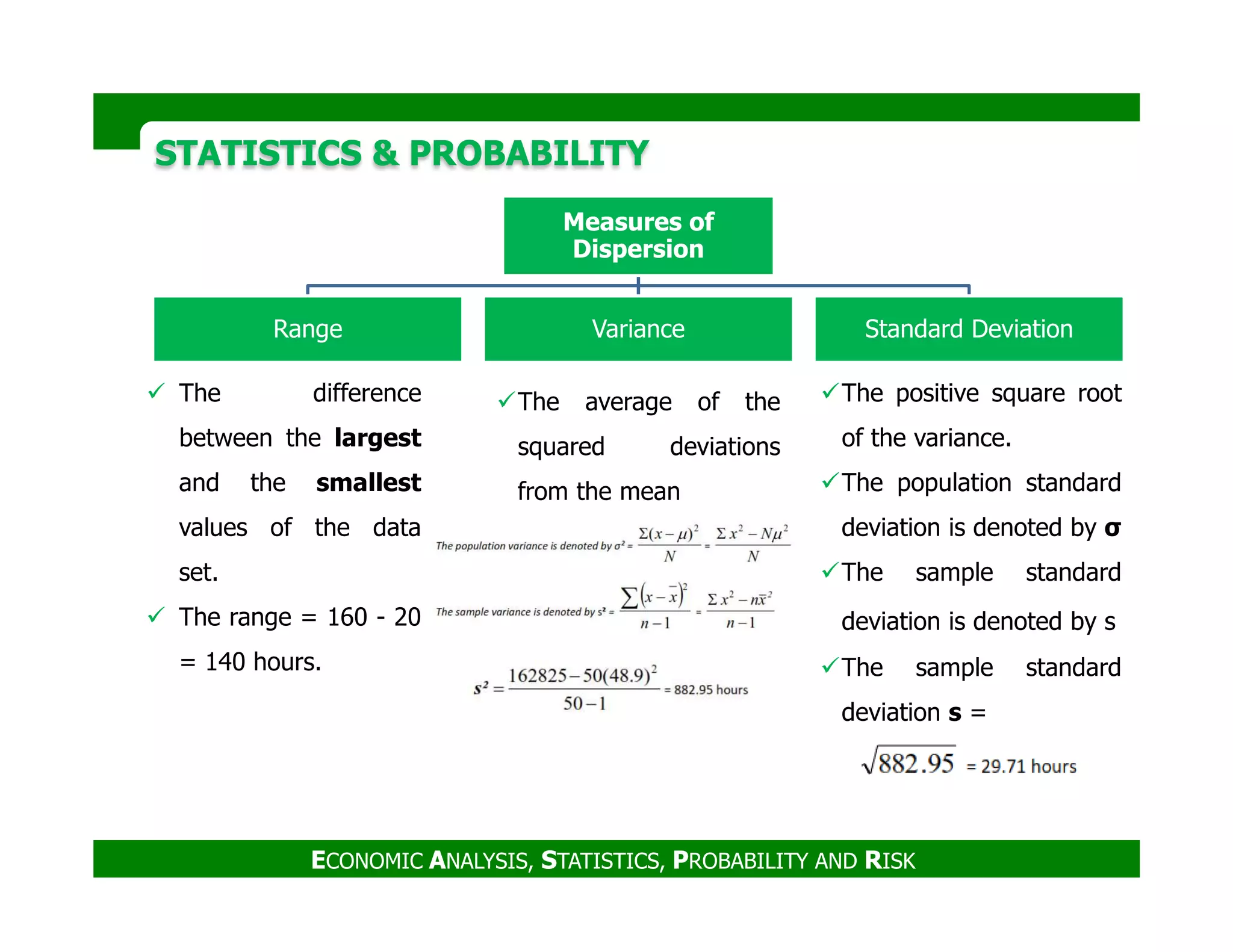 The difference
between the largest
and the smallest
STATISTICS & PROBABILITYSTATISTICS & PROBABILITY
Measures of
Dispersion
Range Variance Standard Deviation
The average of the
squared deviations
from the mean
The positive square root
of the variance.
The population standardand the smallest
values of the data
set.
The range = 160 - 20
= 140 hours.
ECONOMIC ANALYSIS, STATISTICS, PROBABILITY AND RISK
from the mean The population standard
deviation is denoted by σ
The sample standard
deviation is denoted by s
The sample standard
deviation s =
 