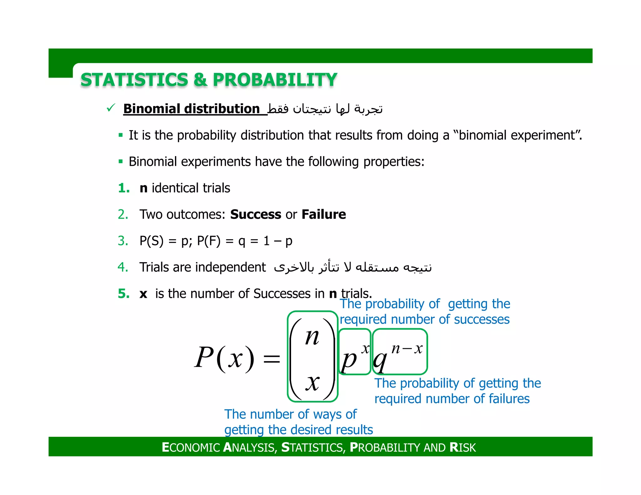 STATISTICS & PROBABILITYSTATISTICS & PROBABILITY
Binomial distribution ‫فقط‬ ‫نتيجتان‬ ‫لھا‬ ‫تجربة‬
It is the probability distribution that results from doing a “binomial experiment”.
Binomial experiments have the following properties:
1. n identical trials
2. Two outcomes: Success or Failure
3. P(S) = p; P(F) = q = 1 – p
ECONOMIC ANALYSIS, STATISTICS, PROBABILITY AND RISK
3. P(S) = p; P(F) = q = 1 – p
4. Trials are independent ‫نتيجه‬‫مستقله‬‫ال‬‫تتأثر‬‫باالخرى‬
5. x is the number of Successes in n trials.
xnx
qp
x
n
xP −






=)(
The number of ways of
getting the desired results
The probability of getting the
required number of successes
The probability of getting the
required number of failures
 