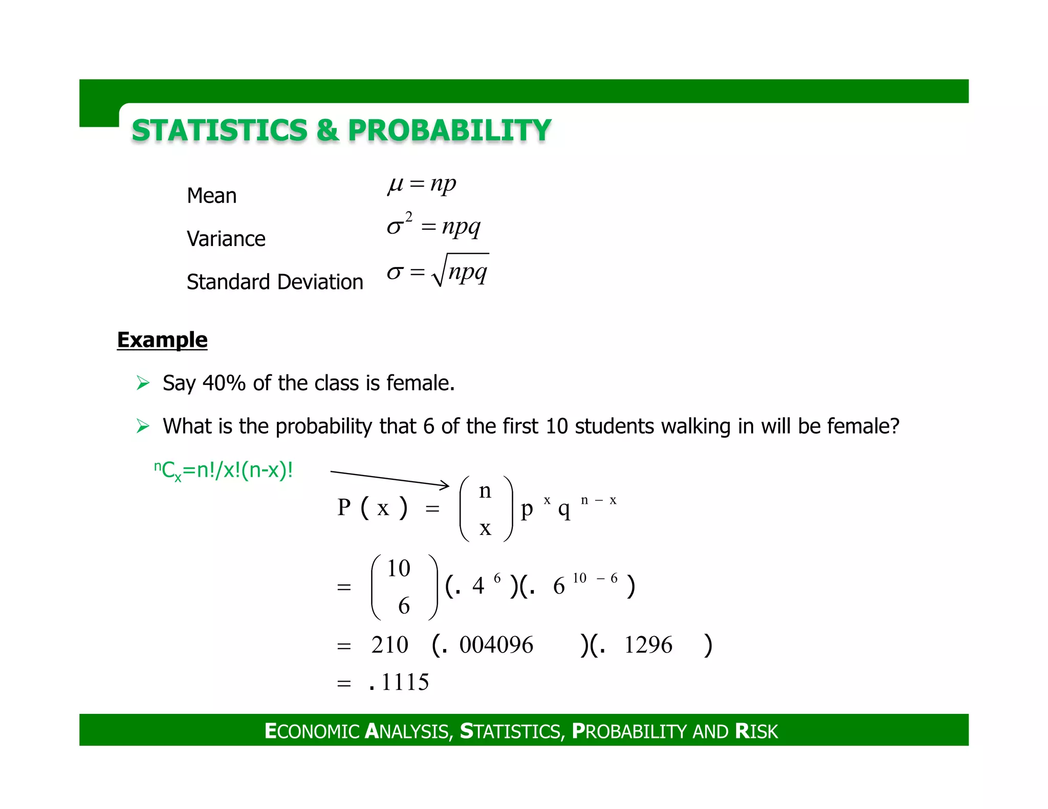 STATISTICS & PROBABILITYSTATISTICS & PROBABILITY
Example
Say 40% of the class is female.
Mean
Variance
Standard Deviation
2
np
npq
npq
µ
σ
σ
=
=
=
ECONOMIC ANALYSIS, STATISTICS, PROBABILITY AND RISK
What is the probability that 6 of the first 10 students walking in will be female?
1115
1296004096210
64
6
10
qp
x
n
xP
6106
xnx
.
))(.(.
))(.(.
)(
=
=






=






=
−
−
nCx=n!/x!(n-x)!
 