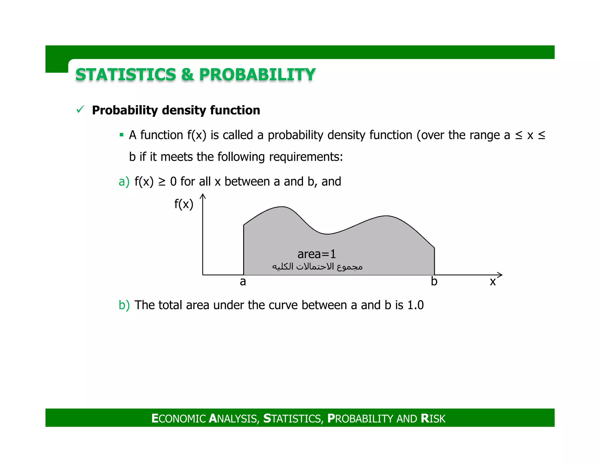 STATISTICS & PROBABILITYSTATISTICS & PROBABILITY
Probability density function
A function f(x) is called a probability density function (over the range a ≤ x ≤
b if it meets the following requirements:
a) f(x) ≥ 0 for all x between a and b, and
f(x)
ECONOMIC ANALYSIS, STATISTICS, PROBABILITY AND RISK
b) The total area under the curve between a and b is 1.0
xba
area=1
‫الكليه‬ ‫االحتماالت‬ ‫مجموع‬
 