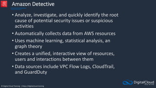 © Digital Cloud Training | https://digitalcloud.training
Amazon Detective
• Analyze, investigate, and quickly identify the root
cause of potential security issues or suspicious
activities
• Automatically collects data from AWS resources
• Uses machine learning, statistical analysis, an
graph theory
• Creates a unified, interactive view of resources,
users and interactions between them
• Data sources include VPC Flow Logs, CloudTrail,
and GuardDuty
 