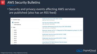 © Digital Cloud Training | https://digitalcloud.training
AWS Security Bulletins
• Security and privacy events affecting AWS services
are published (also has an RSS feed)
 