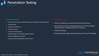 © Digital Cloud Training | https://digitalcloud.training
Penetration Testing
Permitted services
• Amazon EC2 instances, NAT Gateways, and Elastic Load Balancers
• Amazon RDS
• Amazon CloudFront
• Amazon Aurora
• Amazon API Gateways
• AWS Lambda and Lambda Edge functions
• Amazon Lightsail resources
• Amazon Elastic Beanstalk environments
Prohibited Activities
• DNS zone walking via Amazon Route 53 Hosted Zones
• Denial of Service (DoS), Distributed Denial of Service (DDoS),
Simulated DoS, Simulated DDoS Port flooding
• Protocol flooding
• Request flooding (login request flooding, API request flooding)
 