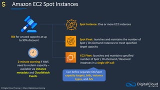 © Digital Cloud Training | https://digitalcloud.training
Amazon EC2 Spot Instances
Spot Fleet: launches and maintains the number of
Spot / On-Demand instances to meet specified
target capacity
Bid for unused capacity at up
to 90% discount
Spot Instance: One or more EC2 instances
EC2 Fleet: launches and maintains specified
number of Spot / On-Demand / Reserved
instances in a single API call
Can define separate OD/Spot
capacity targets, bids, instance
types, and AZs
2-minute warning if AWS
need to reclaim capacity –
available via instance
metadata and CloudWatch
Events
 