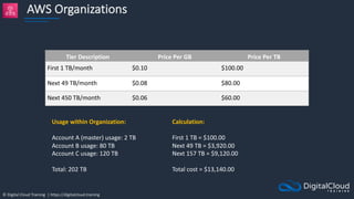 © Digital Cloud Training | https://digitalcloud.training
AWS Organizations
Tier Description Price Per GB Price Per TB
First 1 TB/month $0.10 $100.00
Next 49 TB/month $0.08 $80.00
Next 450 TB/month $0.06 $60.00
Usage within Organization:
Account A (master) usage: 2 TB
Account B usage: 80 TB
Account C usage: 120 TB
Total: 202 TB
Calculation:
First 1 TB = $100.00
Next 49 TB = $3,920.00
Next 157 TB = $9,120.00
Total cost = $13,140.00
 