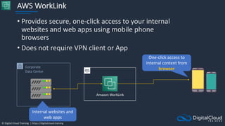 © Digital Cloud Training | https://digitalcloud.training
AWS WorkLink
• Provides secure, one-click access to your internal
websites and web apps using mobile phone
browsers
• Does not require VPN client or App
Corporate
Data Center
Amazon WorkLink
Internal websites and
web apps
One-click access to
internal content from
browser
 