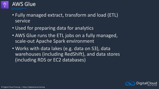 © Digital Cloud Training | https://digitalcloud.training
AWS Glue
• Fully managed extract, transform and load (ETL)
service
• Used for preparing data for analytics
• AWS Glue runs the ETL jobs on a fully managed,
scale-out Apache Spark environment
• Works with data lakes (e.g. data on S3), data
warehouses (including RedShift), and data stores
(including RDS or EC2 databases)
 