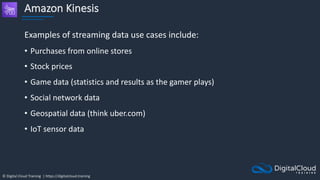 © Digital Cloud Training | https://digitalcloud.training
Amazon Kinesis
Examples of streaming data use cases include:
• Purchases from online stores
• Stock prices
• Game data (statistics and results as the gamer plays)
• Social network data
• Geospatial data (think uber.com)
• IoT sensor data
 