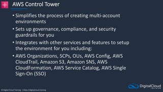 © Digital Cloud Training | https://digitalcloud.training
AWS Control Tower
• Simplifies the process of creating multi-account
environments
• Sets up governance, compliance, and security
guardrails for you
• Integrates with other services and features to setup
the environment for you including:
• AWS Organizations, SCPs, OUs, AWS Config, AWS
CloudTrail, Amazon S3, Amazon SNS, AWS
CloudFormation, AWS Service Catalog, AWS Single
Sign-On (SSO)
 