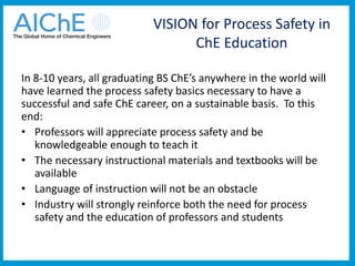 VISION for Process Safety in
ChE Education
In 8-10 years, all graduating BS ChE’s anywhere in the world will
have learned the process safety basics necessary to have a
successful and safe ChE career, on a sustainable basis. To this
end:
• Professors will appreciate process safety and be
knowledgeable enough to teach it
• The necessary instructional materials and textbooks will be
available
• Language of instruction will not be an obstacle
• Industry will strongly reinforce both the need for process
safety and the education of professors and students
 