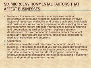 SIX MICROENVIRONMENTAL FACTORS THAT
AFFECT BUSINESSES
 In economics, macroeconomics encompasses societal
perspective on resource allocation. Microeconomics involves
factors of resources availability and usage that impact individuals
and businesses. As a company operator, understanding the core
microeconomic factors affecting your business helps in planning
and preparation, as well as long-term business strategy
development. Six microeconomic business factors that affect
almost any business are customers, employees, competitors,
media, shareholders and suppliers.
 Customers
 Customers have the most direct microeconomic impact on a
business. The simple fact is that you can't successfully operate a
for-profit company without attracting targeted customers. Knowing
your ideal customer types and developing and presenting
effective marketing campaigns are integral to building a customer
base and generating revenue streams.
 