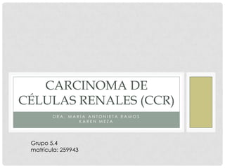 CARCINOMA DE
CÉLULAS RENALES (CCR)
DRA. MARIA ANTONIETA RAMOS
KAREN MEZA

Grupo 5.4
matrícula: 259943

 