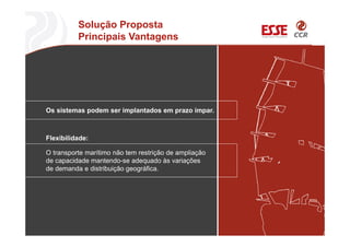 Solução Proposta
Principais Vantagens
Os sistemas podem ser implantados em prazo ímpar.
O transporte marítimo não tem restrição de ampliação
de capacidade mantendo-se adequado às variações
de demanda e distribuição geográfica.
Flexibilidade:
 