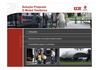 Solução Proposta
O Modal Teleférico
Estações
Estruturas leves e com baixo impacto urbano;
Acessibilidade segura e confortável.
 